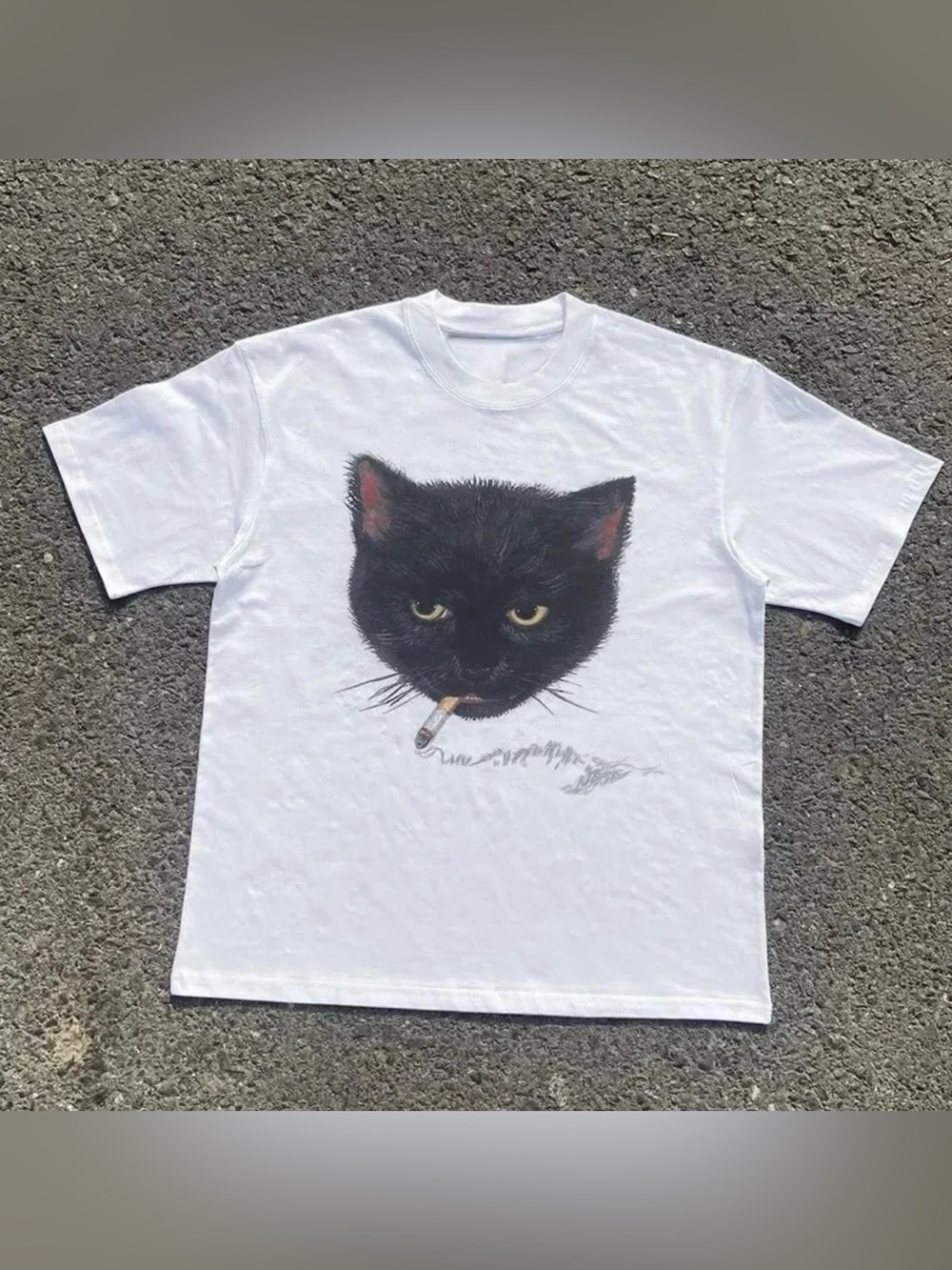 Gildan White Tee with Black Cat Head Graphic